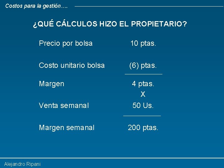 Costos para la gestión…. ¿QUÉ CÁLCULOS HIZO EL PROPIETARIO? Precio por bolsa 10 ptas.