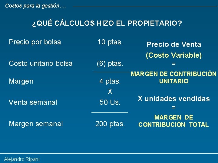 Costos para la gestión…. ¿QUÉ CÁLCULOS HIZO EL PROPIETARIO? Precio por bolsa 10 ptas.
