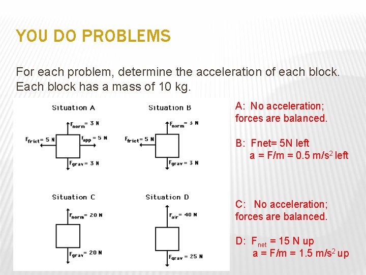 YOU DO PROBLEMS For each problem, determine the acceleration of each block. Each block