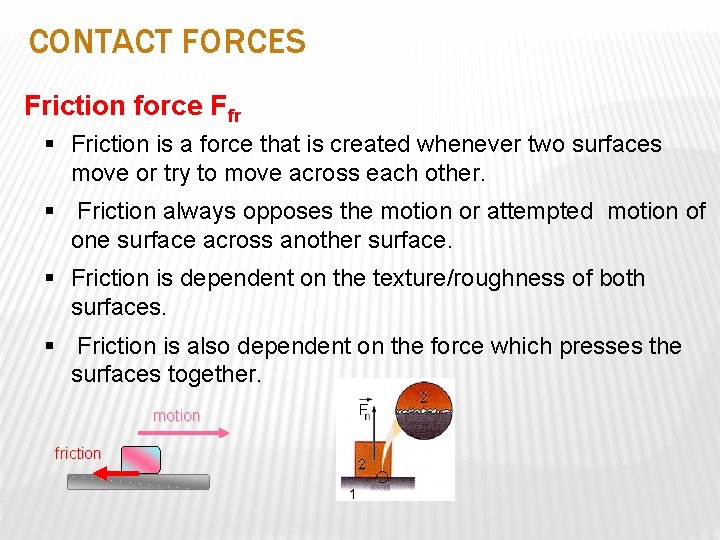 CONTACT FORCES Friction force Ffr § Friction is a force that is created whenever