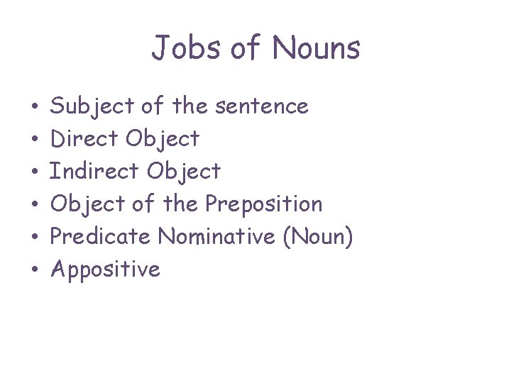 Jobs of Nouns • • • Subject of the sentence Direct Object Indirect Object