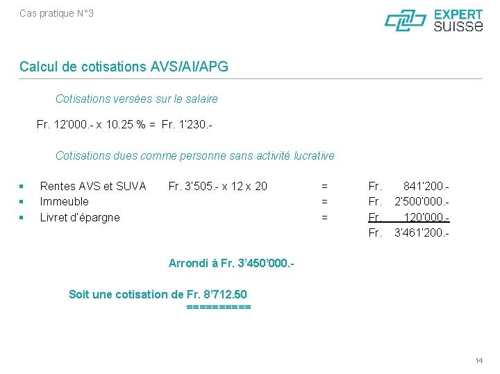 Cas pratique N° 3 Calcul de cotisations AVS/AI/APG Cotisations versées sur le salaire Fr.