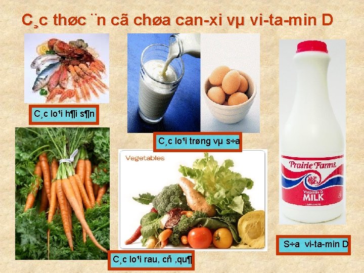 C¸c thøc ¨n cã chøa can xi vµ vi ta min D C¸c lo¹i C¸c thøc ¨n cã chøa can xi vµ vi ta min D C¸c lo¹i