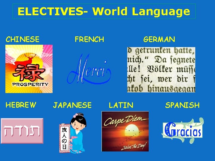 ELECTIVES- World Language CHINESE HEBREW FRENCH JAPANESE GERMAN LATIN SPANISH 