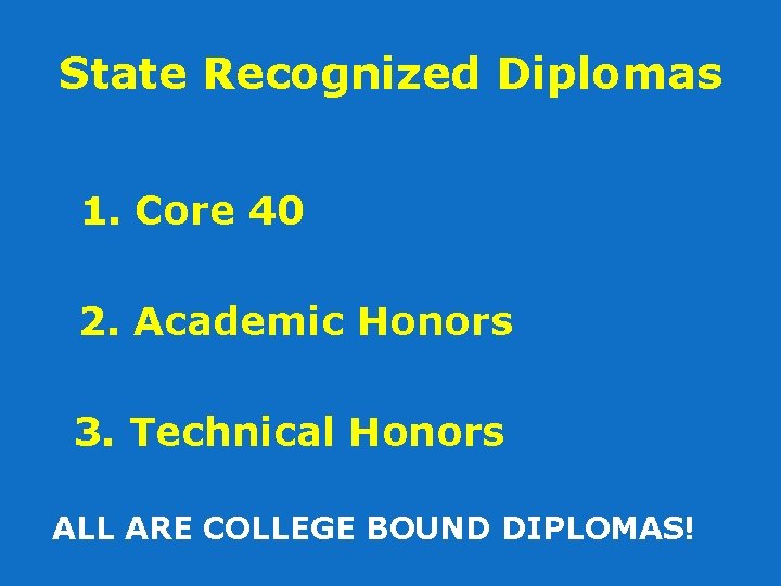 State Recognized Diplomas 1. Core 40 2. Academic Honors 3. Technical Honors ALL ARE