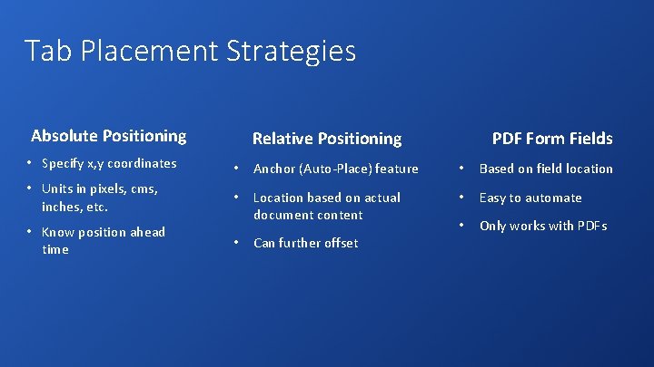 Tab Placement Strategies Absolute Positioning Relative Positioning PDF Form Fields • Specify x, y Tab Placement Strategies Absolute Positioning Relative Positioning PDF Form Fields • Specify x, y