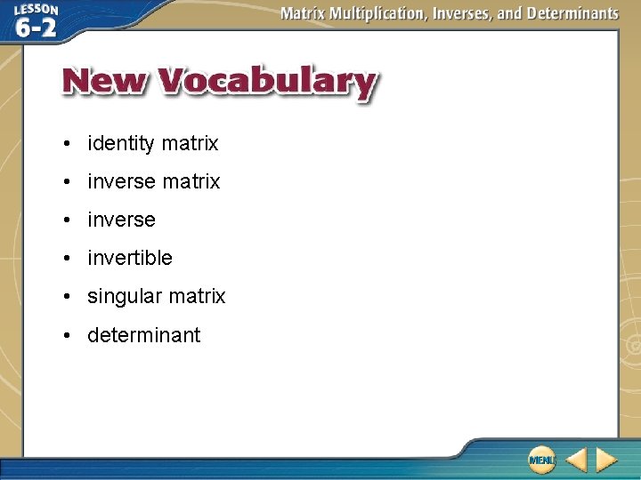  • identity matrix • inverse • invertible • singular matrix • determinant 