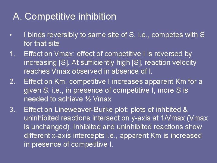 A. Competitive inhibition • 1. 2. 3. I binds reversibly to same site of