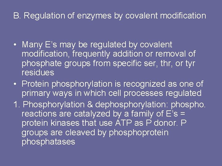 B. Regulation of enzymes by covalent modification • Many E’s may be regulated by