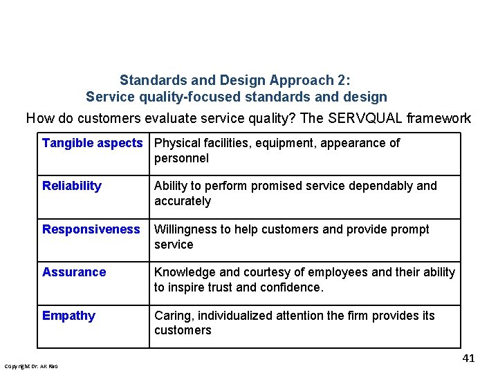 Standards and Design Approach 2: Service quality-focused standards and design How do customers evaluate Standards and Design Approach 2: Service quality-focused standards and design How do customers evaluate