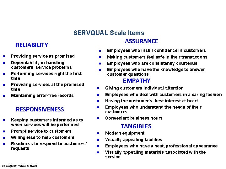 SERVQUAL Scale Items ASSURANCE RELIABILITY n n n Providing service as promised Dependability in SERVQUAL Scale Items ASSURANCE RELIABILITY n n n Providing service as promised Dependability in
