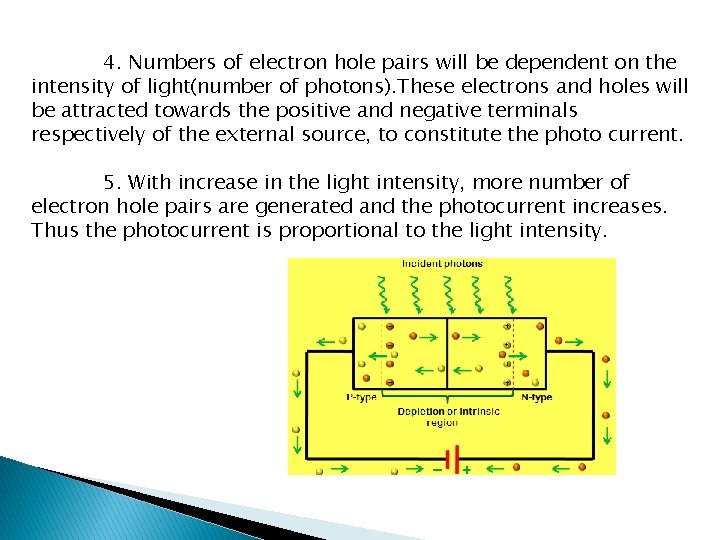 4. Numbers of electron hole pairs will be dependent on the intensity of light(number