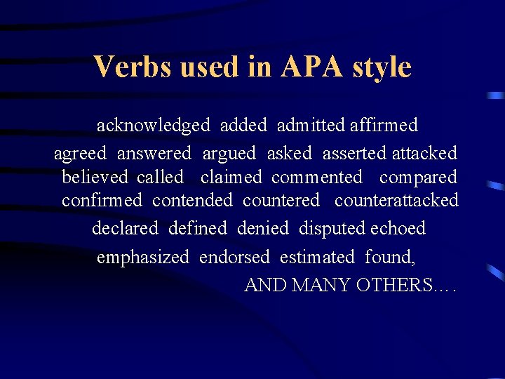 Verbs used in APA style acknowledged added admitted affirmed agreed answered argued asked asserted