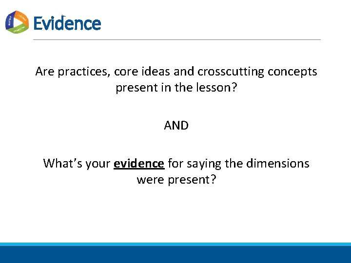 Evidence Are practices, core ideas and crosscutting concepts present in the lesson? AND What’s