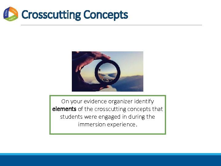 Crosscutting Concepts On your evidence organizer identify elements of the crosscutting concepts that students