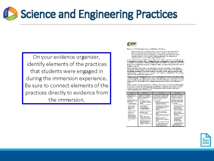 Science and Engineering Practices On your evidence organizer, identify elements of the practices that