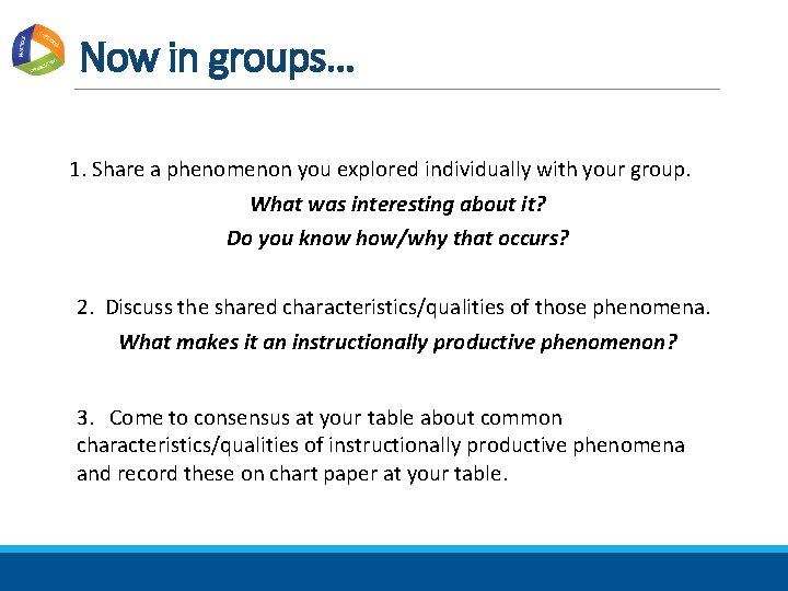 Now in groups… 1. Share a phenomenon you explored individually with your group. What