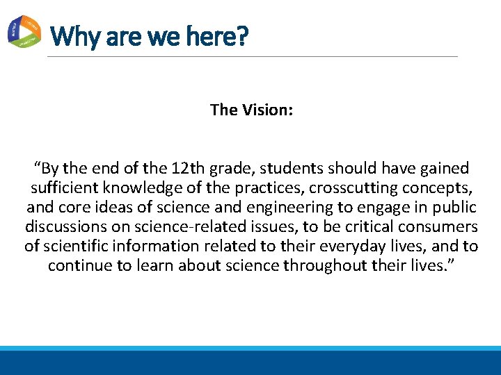 Why are we here? The Vision: “By the end of the 12 th grade,