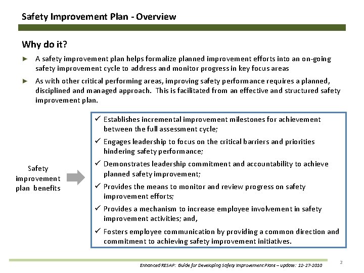 Safety Improvement Plan - Overview Why do it? ► A safety improvement plan helps