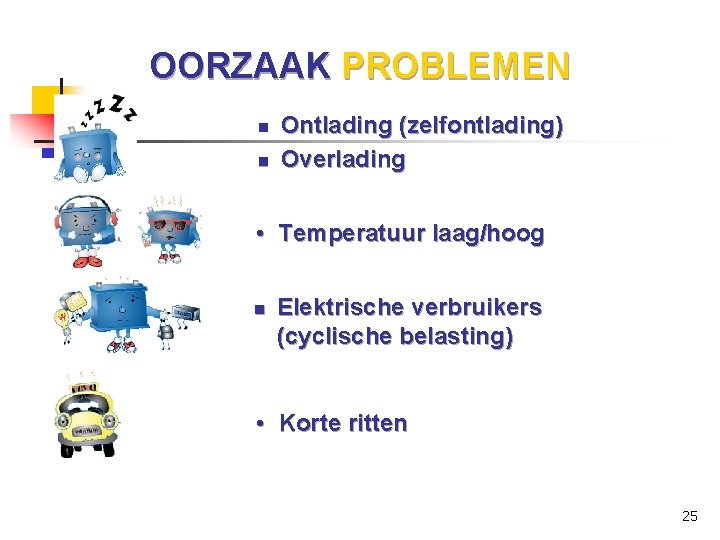 OORZAAK PROBLEMEN n n Ontlading (zelfontlading) Overlading • Temperatuur laag/hoog n Elektrische verbruikers (cyclische