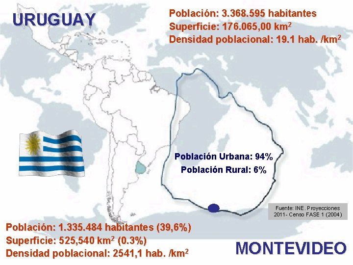 URUGUAY Población: 3. 368. 595 habitantes Superficie: 176. 065, 00 km 2 Densidad poblacional: