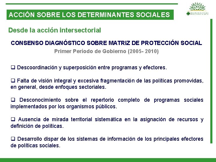 ACCIÓN SOBRE LOS DETERMINANTES SOCIALES Desde la acción intersectorial CONSENSO DIAGNÓSTICO SOBRE MATRIZ DE