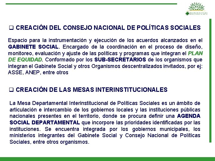 q CREACIÓN DEL CONSEJO NACIONAL DE POLÍTICAS SOCIALES Espacio para la instrumentación y ejecución