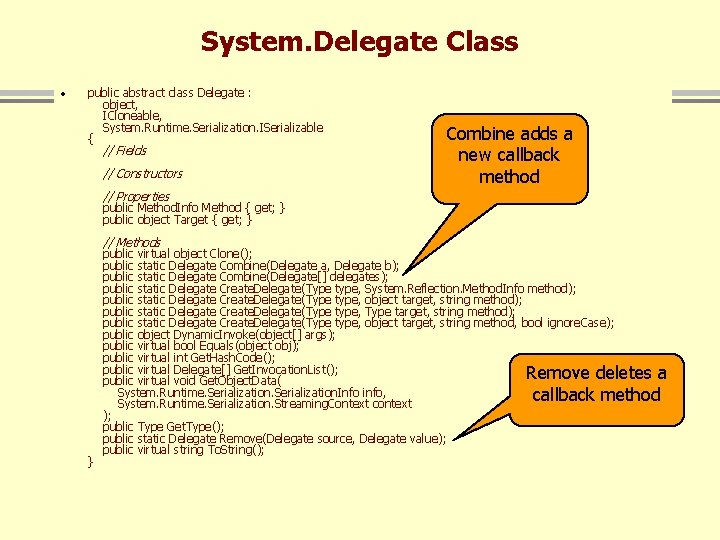 System. Delegate Class · public abstract class Delegate : object, ICloneable, System. Runtime. Serialization.