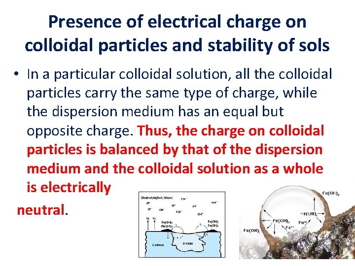 Presence of electrical charge on colloidal particles and stability of sols • In a