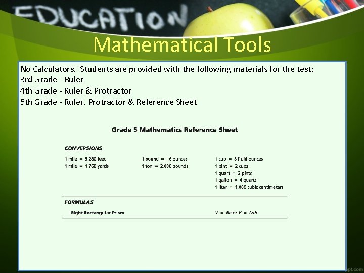 Mathematical Tools No Calculators. Students are provided with the following materials for the test: