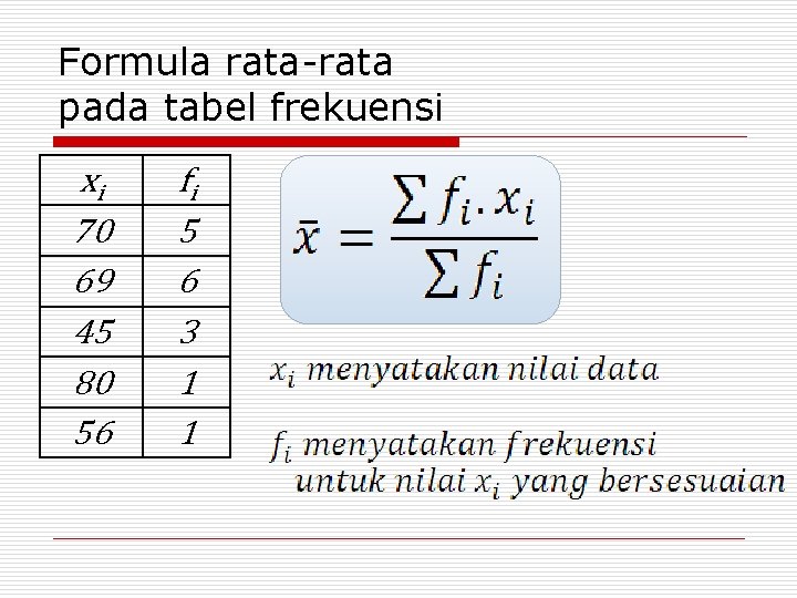 Formula rata-rata pada tabel frekuensi xi 70 69 45 80 56 fi 5 6