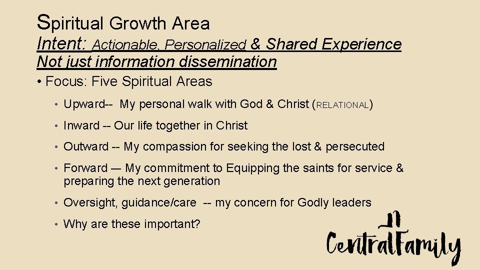 Spiritual Growth Area Intent: Actionable, Personalized & Shared Experience Not just information dissemination •