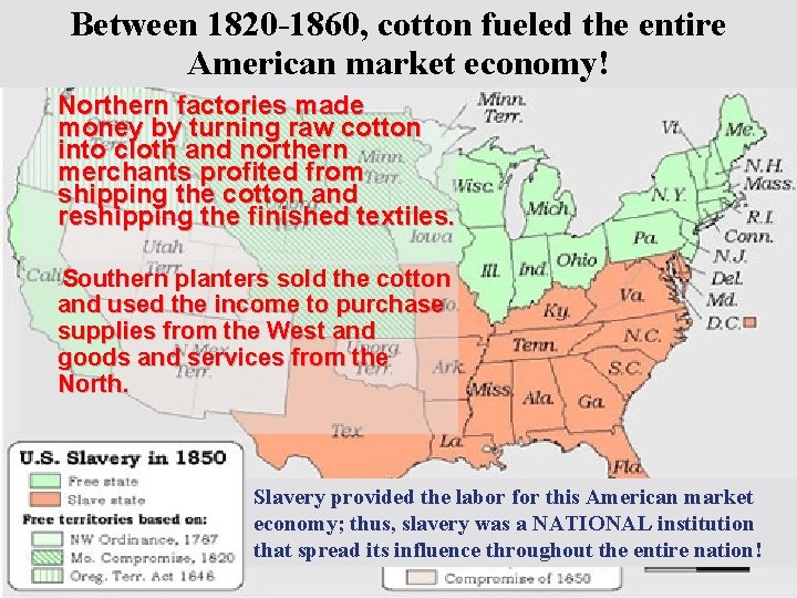 Between 1820 -1860, cotton fueled the entire American market economy! Northern factories made money
