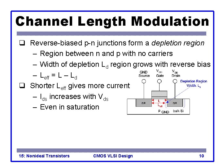 Channel Length Modulation q Reverse-biased p-n junctions form a depletion region – Region between