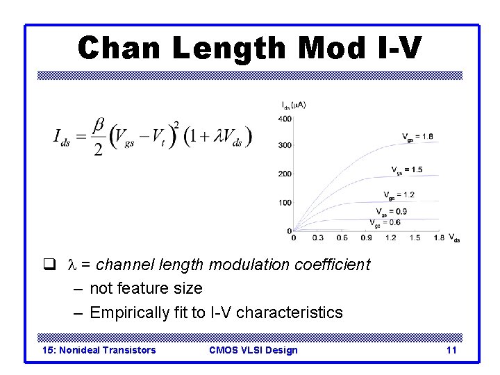 Chan Length Mod I-V q l = channel length modulation coefficient – not feature