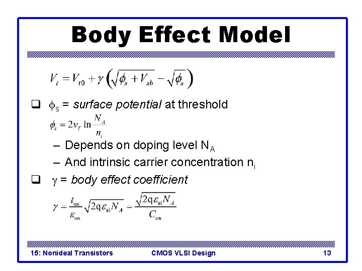 Body Effect Model q fs = surface potential at threshold – Depends on doping