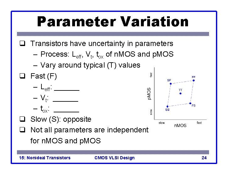 Parameter Variation q Transistors have uncertainty in parameters – Process: Leff, Vt, tox of