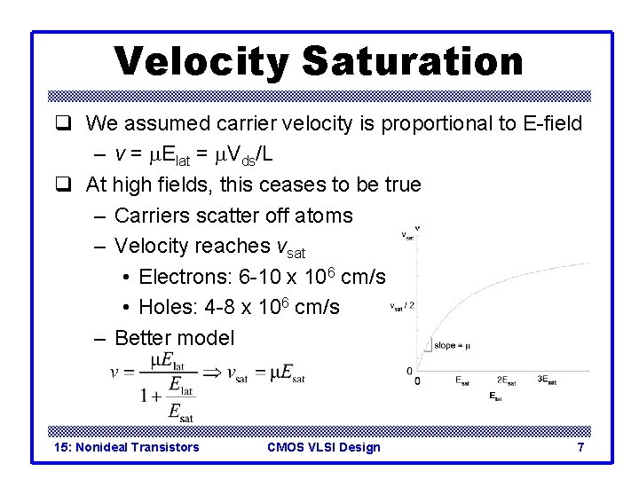 Velocity Saturation q We assumed carrier velocity is proportional to E-field – v =