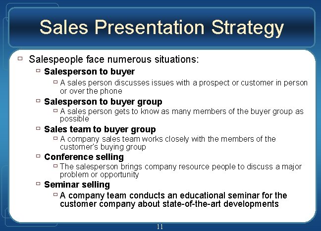 Sales Presentation Strategy ù Salespeople face numerous situations: ù Salesperson to buyer ù A Sales Presentation Strategy ù Salespeople face numerous situations: ù Salesperson to buyer ù A