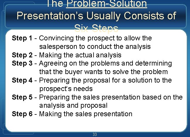 The Problem-Solution Presentation’s Usually Consists of Six Steps Step 1 - Convincing the prospect The Problem-Solution Presentation’s Usually Consists of Six Steps Step 1 - Convincing the prospect