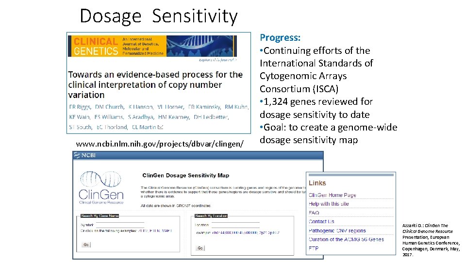 Dosage Sensitivity www. ncbi. nlm. nih. gov/projects/dbvar/clingen/ Progress: • Continuing efforts of the International