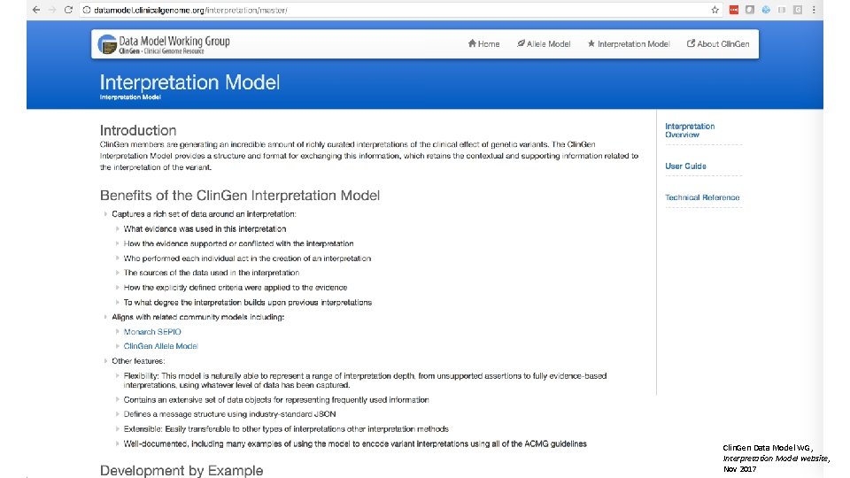 Clin. Gen Data Model WG, Interpretation Model website, Nov 2017 