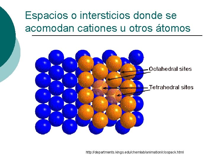 Espacios o intersticios donde se acomodan cationes u otros átomos http: //departments. kings. edu/chemlab/animation/clospack.