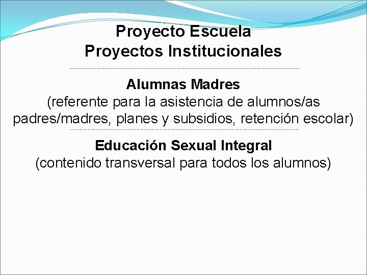 Proyecto Escuela Proyectos Institucionales ------------------------------------------------------------------------------------- Alumnas Madres (referente para la asistencia de alumnos/as padres/madres,