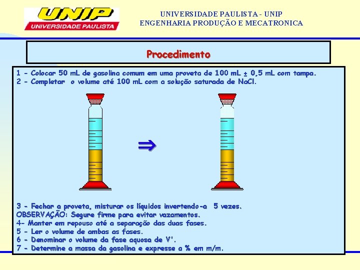 UNIVERSIDADE PAULISTA - UNIP ENGENHARIA PRODUÇÃO E MECATRONICA Procedimento 1 - Colocar 50 m.