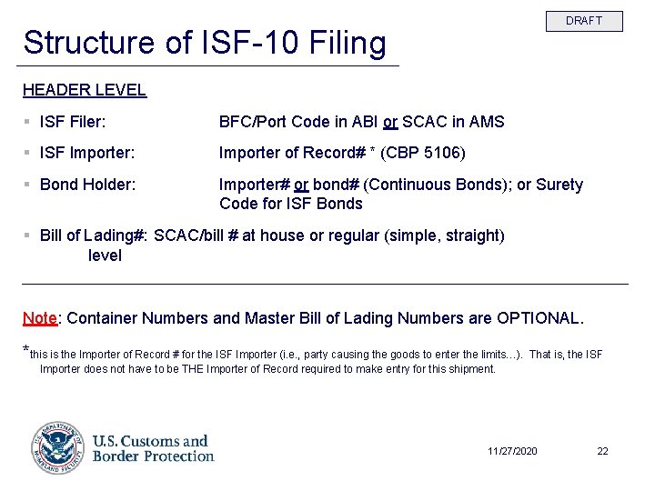 DRAFT Structure of ISF-10 Filing HEADER LEVEL § ISF Filer: BFC/Port Code in ABI