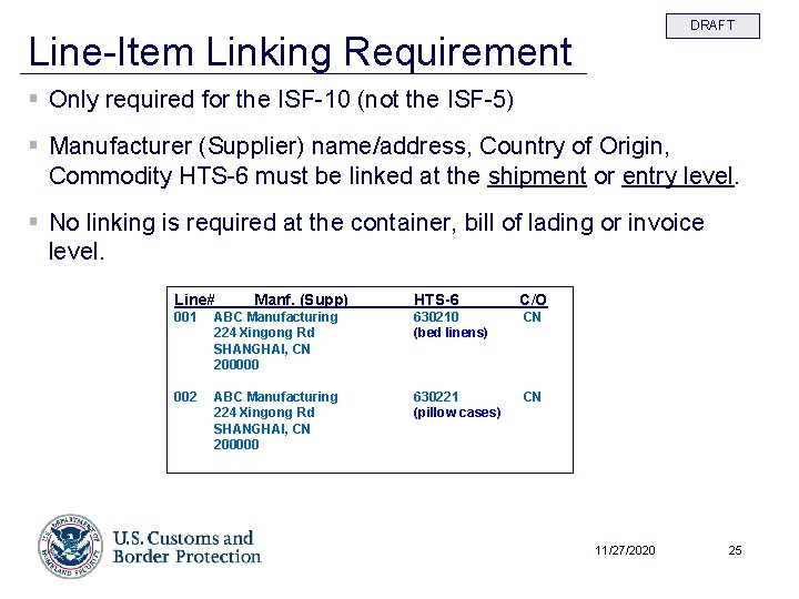 DRAFT Line-Item Linking Requirement § Only required for the ISF-10 (not the ISF-5) §
