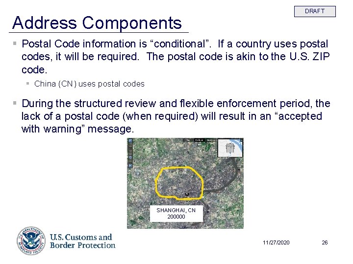 DRAFT Address Components § Postal Code information is “conditional”. If a country uses postal