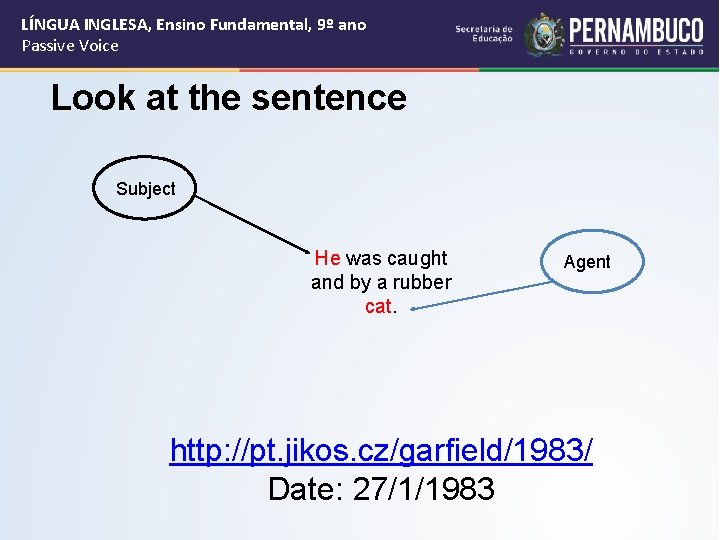 LÍNGUA INGLESA, Ensino Fundamental, 9º ano Passive Voice Look at the sentence Subject He