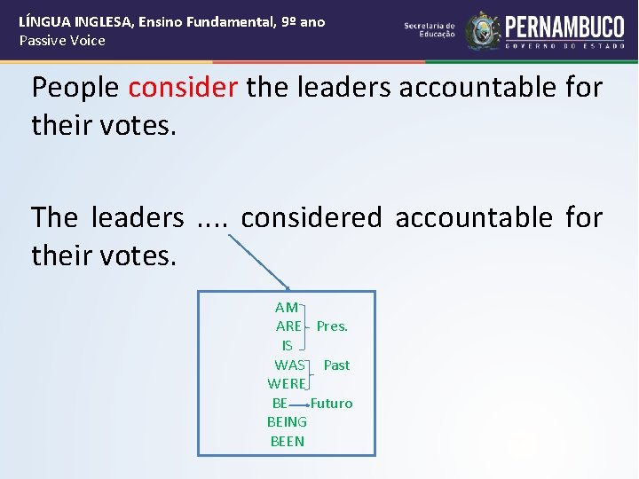 LÍNGUA INGLESA, Ensino Fundamental, 9º ano Passive Voice People consider the leaders accountable for
